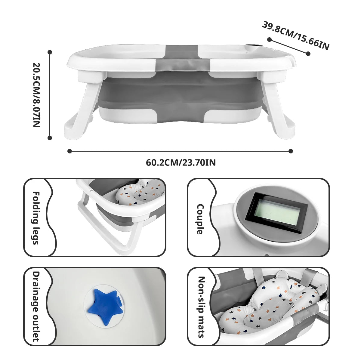 Foldable baby bathtub for home, which can feel the water temperature, with soft bath pad, also can be used portable outdoor