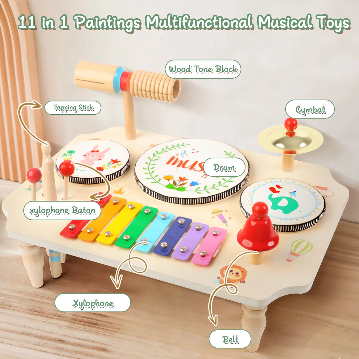 Multifunctional 10 in 1 Wooden Toddler Music Table Xylophone Drum Bell Cymbal Percussion Instrument Set Montessori Educational Baby Musical Toy Birthday Gift