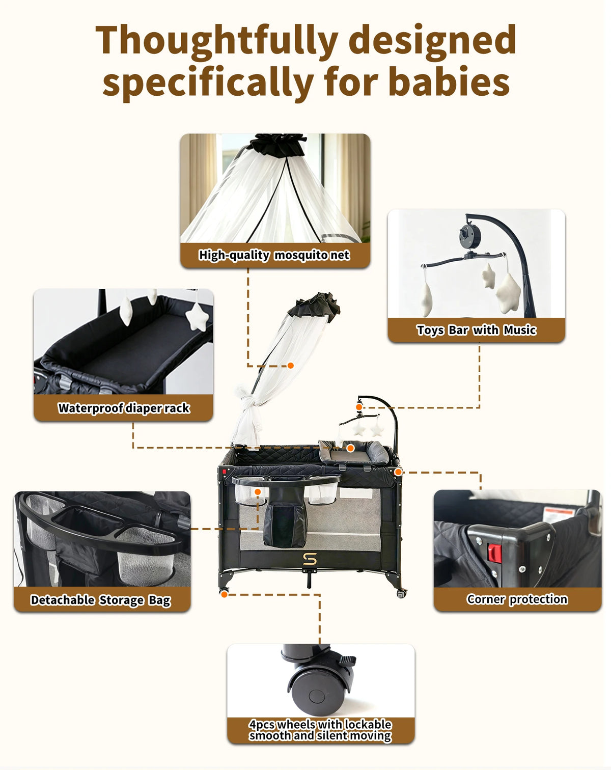 Steanny Pack N Play, All-in-one Playard with Bassinet, Pack and Play, Bedside Sleeper Foldable Travel Cribs with 4 Wheels, Changing Table, Mosquito Net, Toys Bars with Music, Unisex Playpen Combo Bassinet
