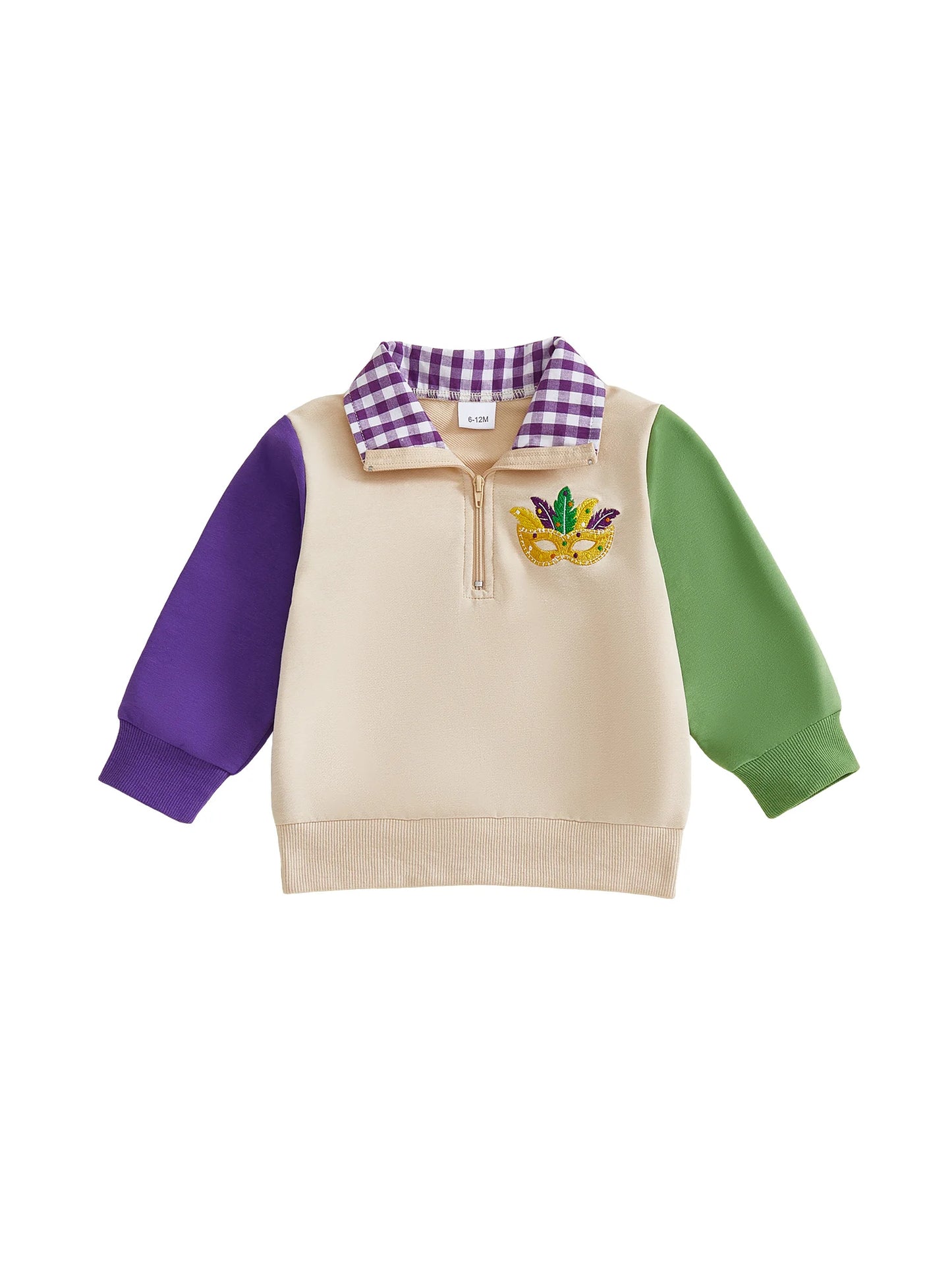 Adorable Infant Boys Stylish MardiGras Face Mask Embroidered Collared Shirt with Long Sleeves - Trendy Pullover