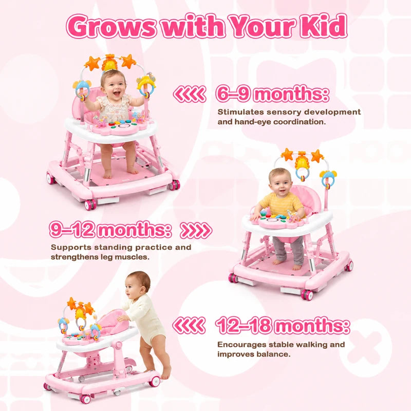 Baby Walker Portable Baby Rocker 5-in-1 Foldable Baby Walker Multi Functional Anti Roll Walker for Toddlers Aged 6–18 Months