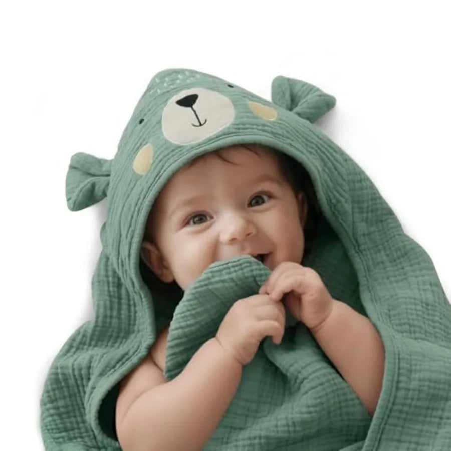 Blissful Diary Muslin Baby Hooded Towel, Soft and Absorbent Bath Towel for Newborn, Infant, Toddler, Unisex, 32″x32″
