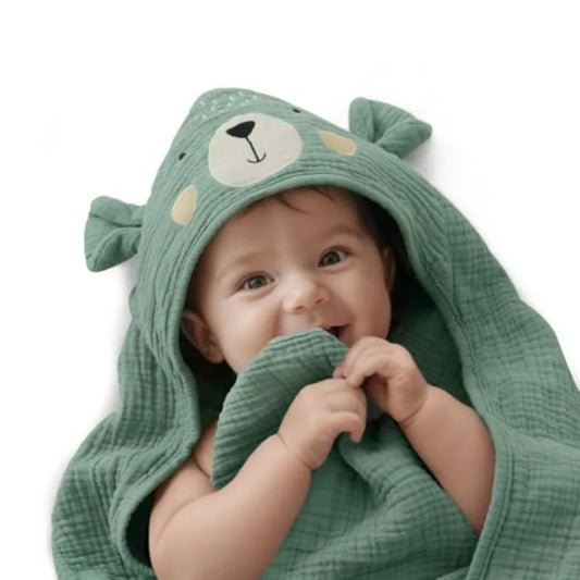 Blissful Diary Muslin Baby Hooded Towel, Soft and Absorbent Bath Towel for Newborn, Infant, Toddler, Unisex, 32″x32″