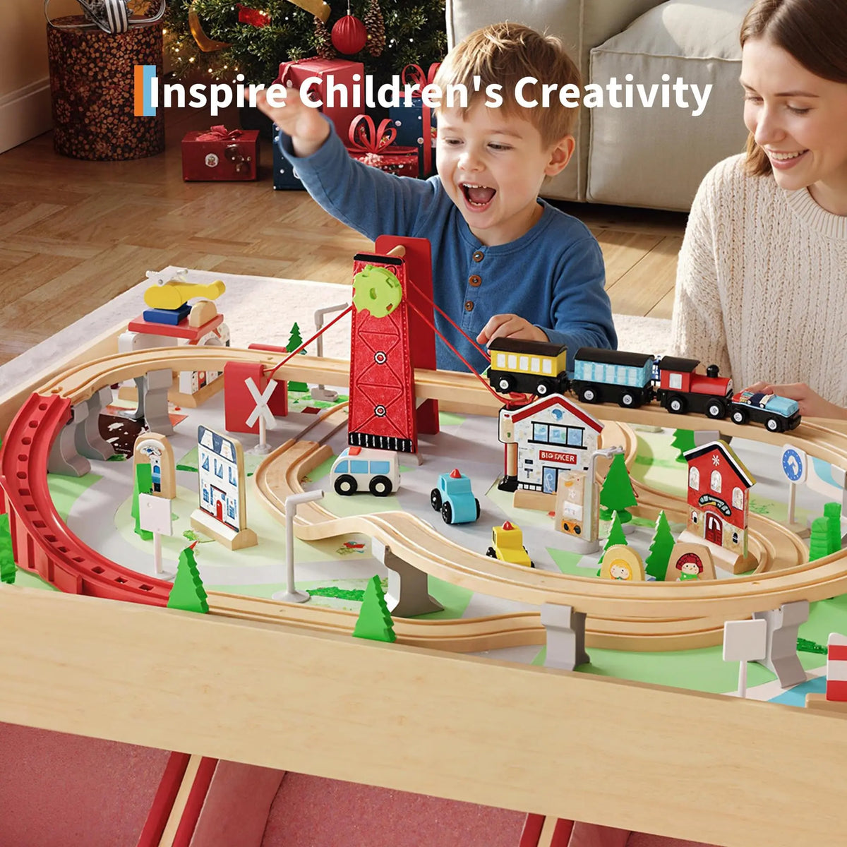 92PCS Wooden Train Table Set For Kids Ages 3+, Toddler Railway Playset With Trains, Tracks, Trees & Under Table Storage Bin