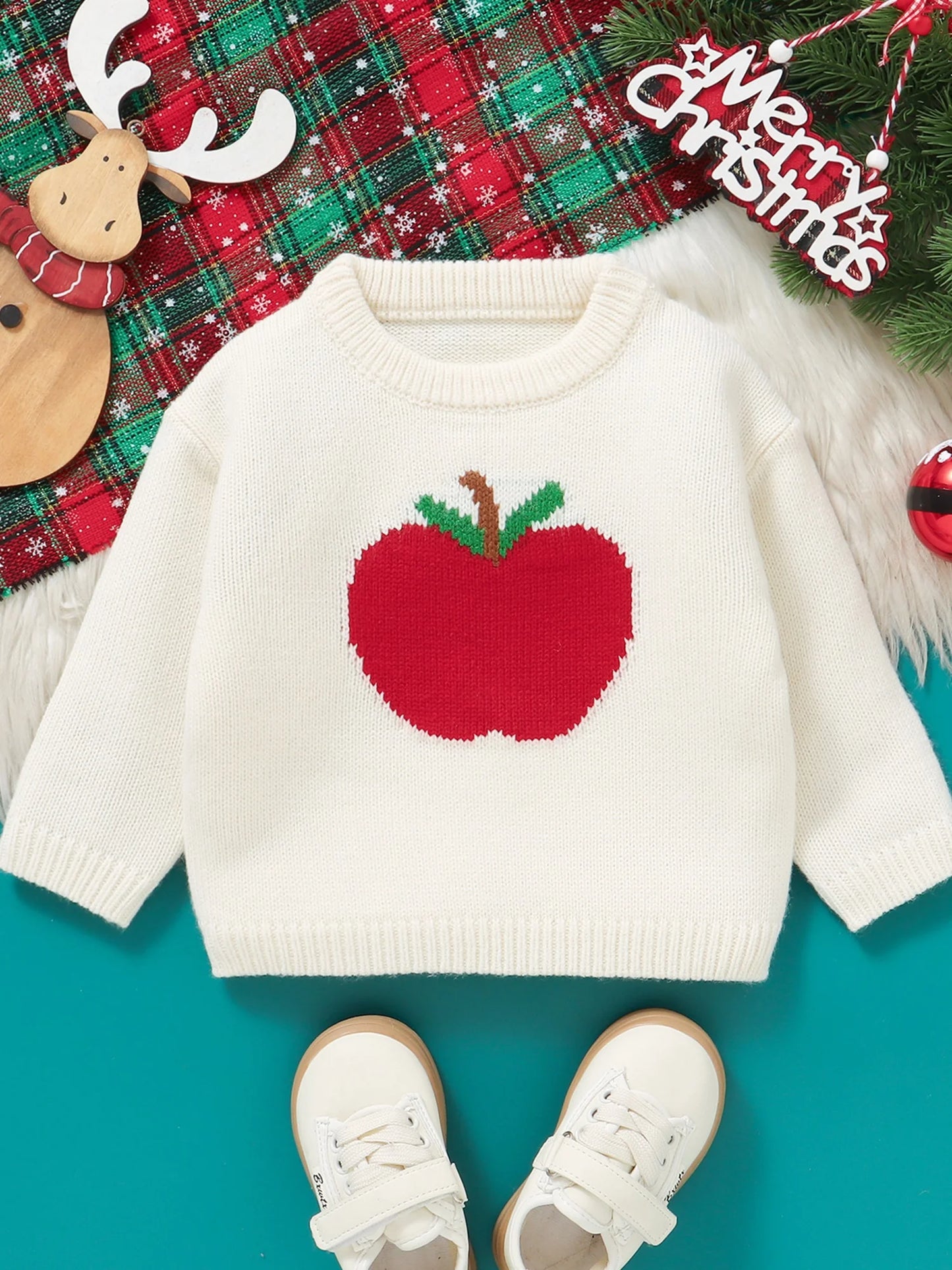 Infant Knitted Pullover Sweater Christmas Reindeer Snowman Embroidery Round Neck Warm Jumper Top for Baby Boy Girl