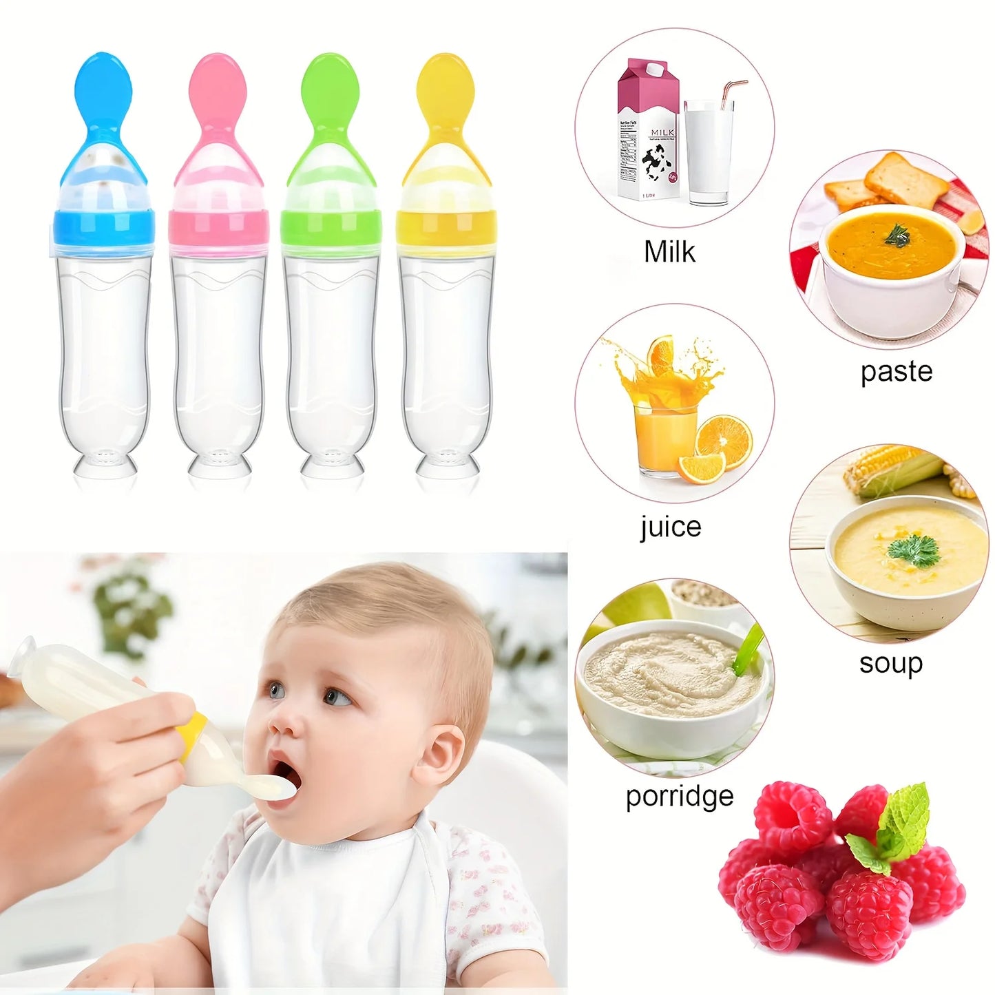 3pcs/2pcs 90ml/3oz Silicone Baby Bottle with Spoon Feeder and Suction Cup,Food Supplement Rice Cereal Squeeze Bottle Spoon Milk Feeding Bottle