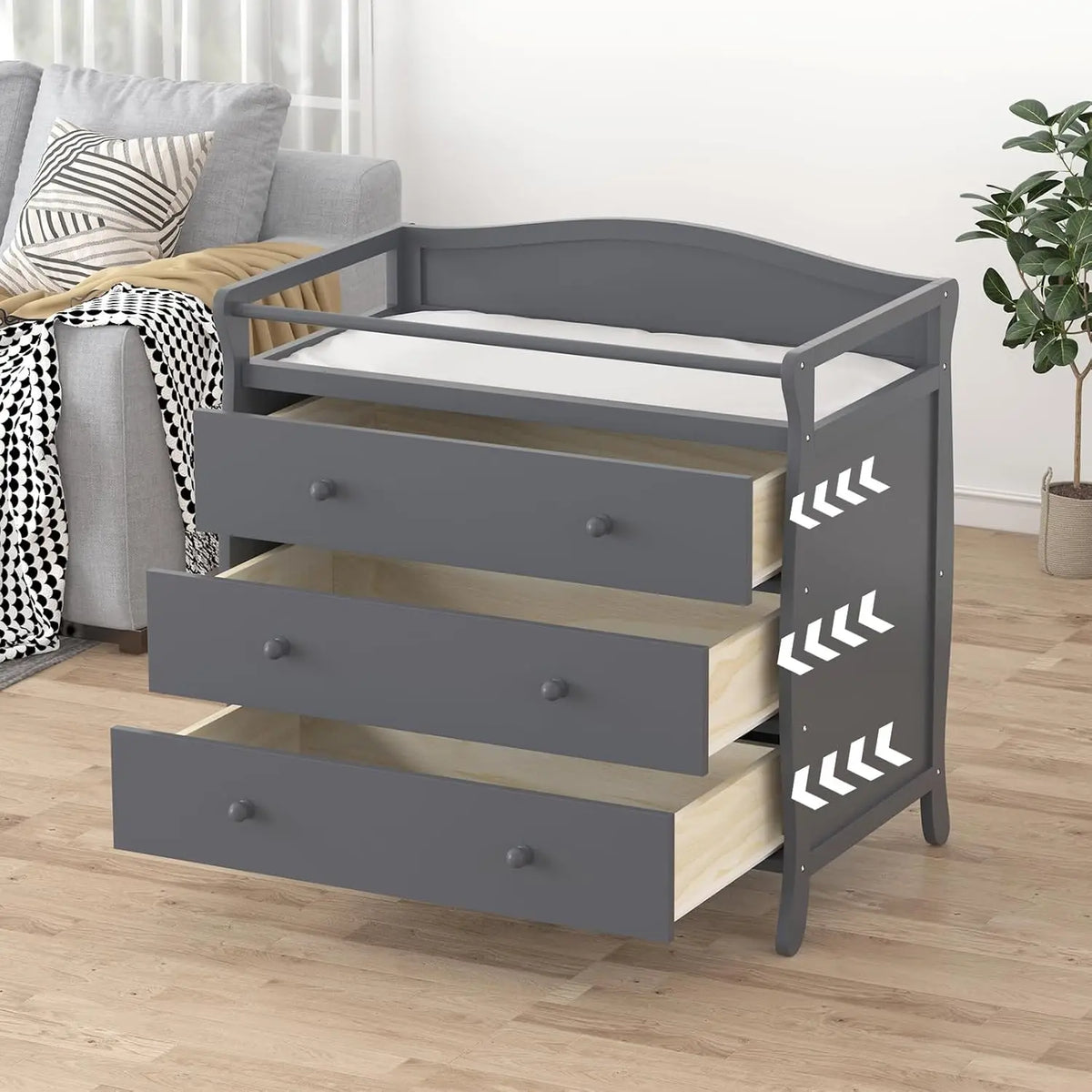 3 Drawers Baby Changing Table Wooden Diaper Changing Station With Safety Belt & Rails Toddler Dresser For Nursery Bedroom