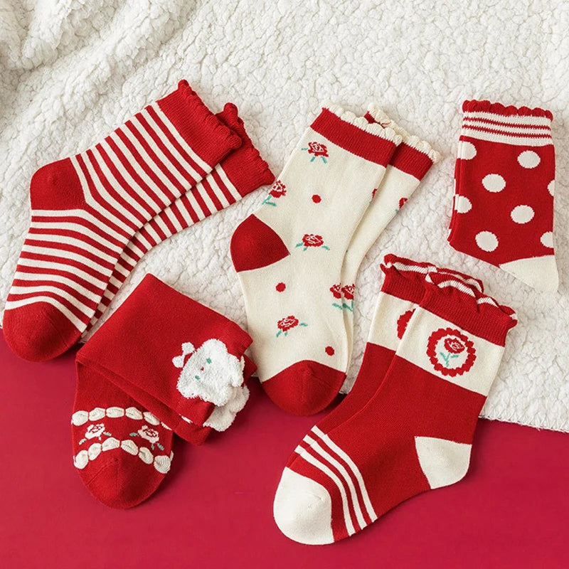 5 Pairs Warm Children Girls Mid-calf Socks Festivial Celebration Red Color Lucky Symbol FLoral Rabbits Comfortable Soft Soks