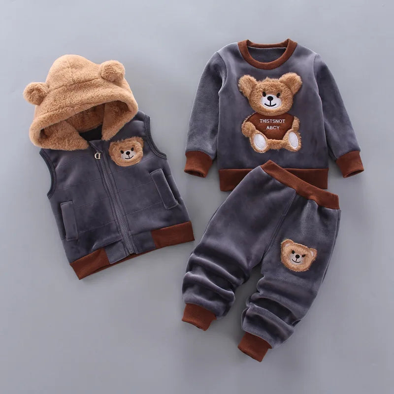 3PCS Baby Boys & Girls Clothing Set – Thicken Fleece Toddler Outfits with Hooded Outerwear, Tops & Pants (Warm Costume Suit)
