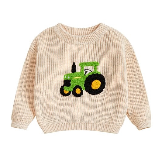 Infant Boy s Cozy Knit Sweater with Adorable Tractor Embroidery Long Sleeve Crew Neck Pullover for Newborns Cute and Casual