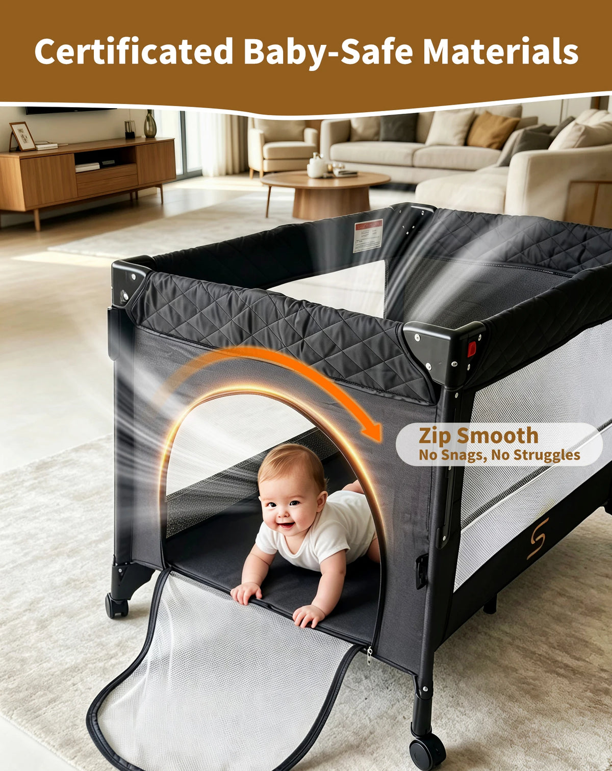 Steanny Pack N Play, All-in-one Playard with Bassinet, Pack and Play, Bedside Sleeper Foldable Travel Cribs with 4 Wheels, Changing Table, Mosquito Net, Toys Bars with Music, Unisex Playpen Combo Bassinet