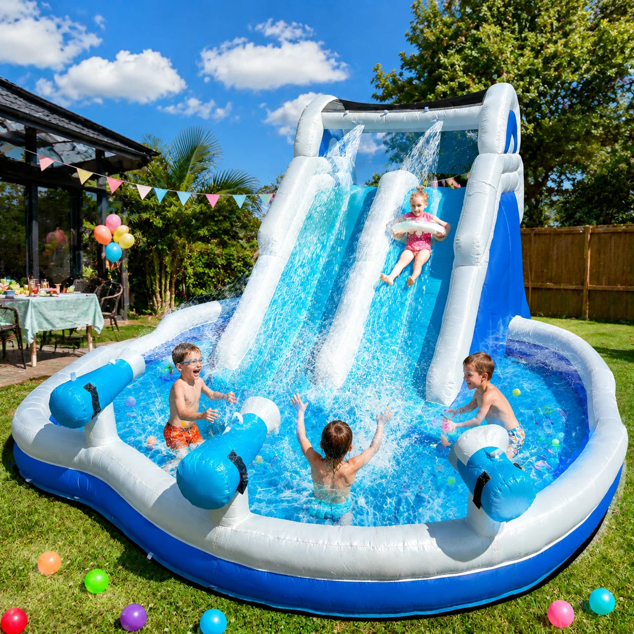 Blue & White Outdoor Inflatable Oxford Fabric Water Slide Pool for Kids, Dual Slides with Sprayers, Backyard Summer Fun Toy for Children