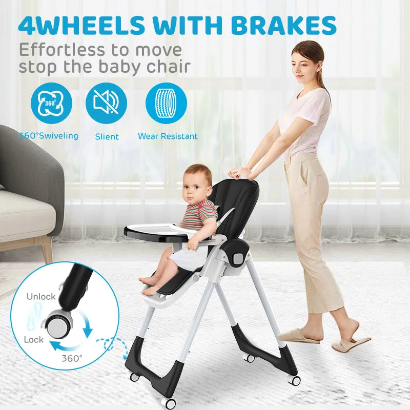 Sejoy Baby High Chair Adjustable with 5-Point Harness 3-Tier Tray & Wheels CE/CPC Certified Children's Dining Chair