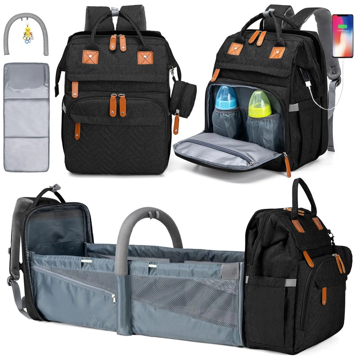 Diaper Bag Folding Bed, Multi-purpose Changing Bag with Carrier And Insulated Bottle Pocket, Diaper Backpack for Boys And Girls, Gift for Mom And Dad