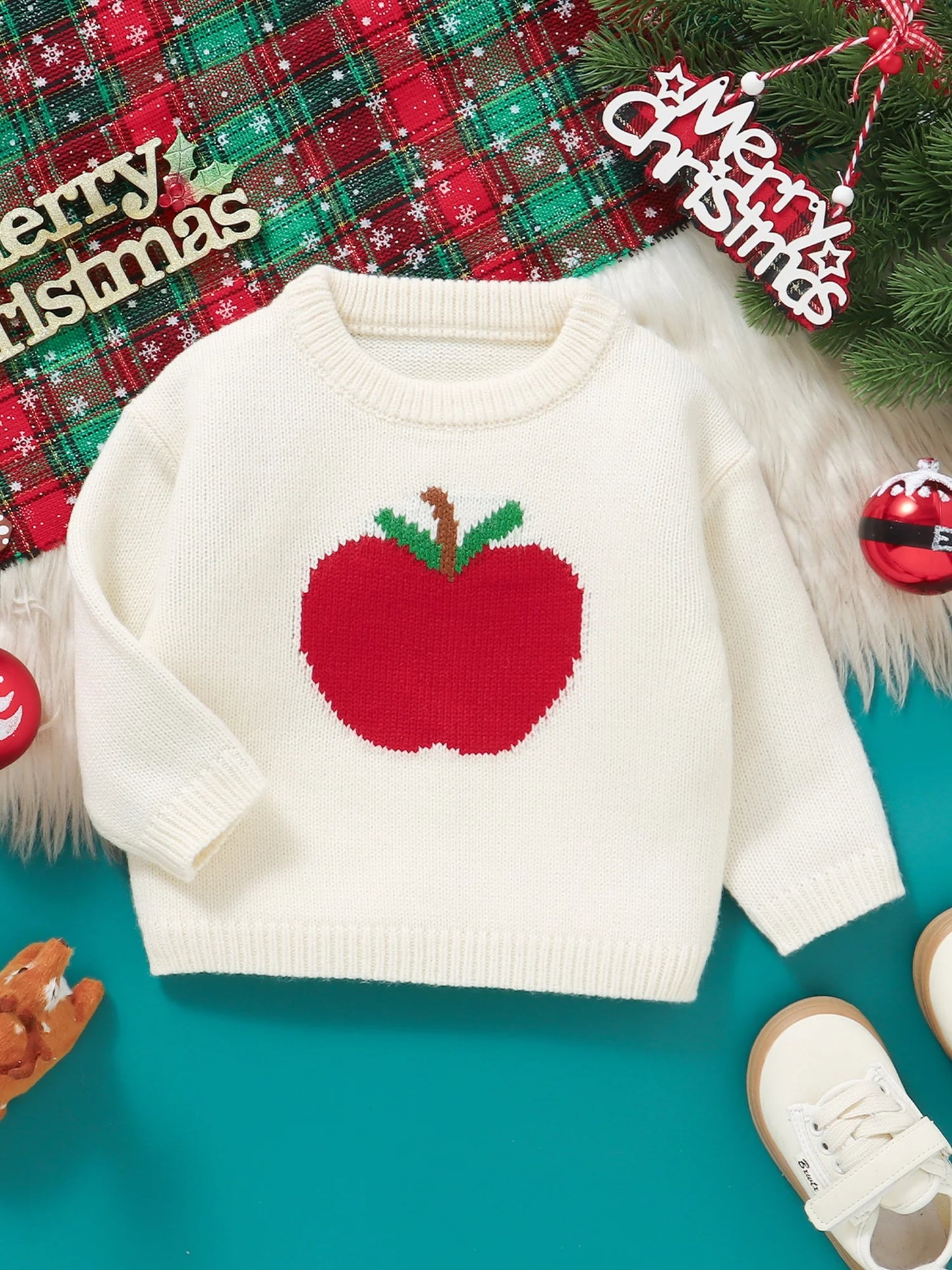 Infant Knitted Pullover Sweater Christmas Reindeer Snowman Embroidery Round Neck Warm Jumper Top for Baby Boy Girl