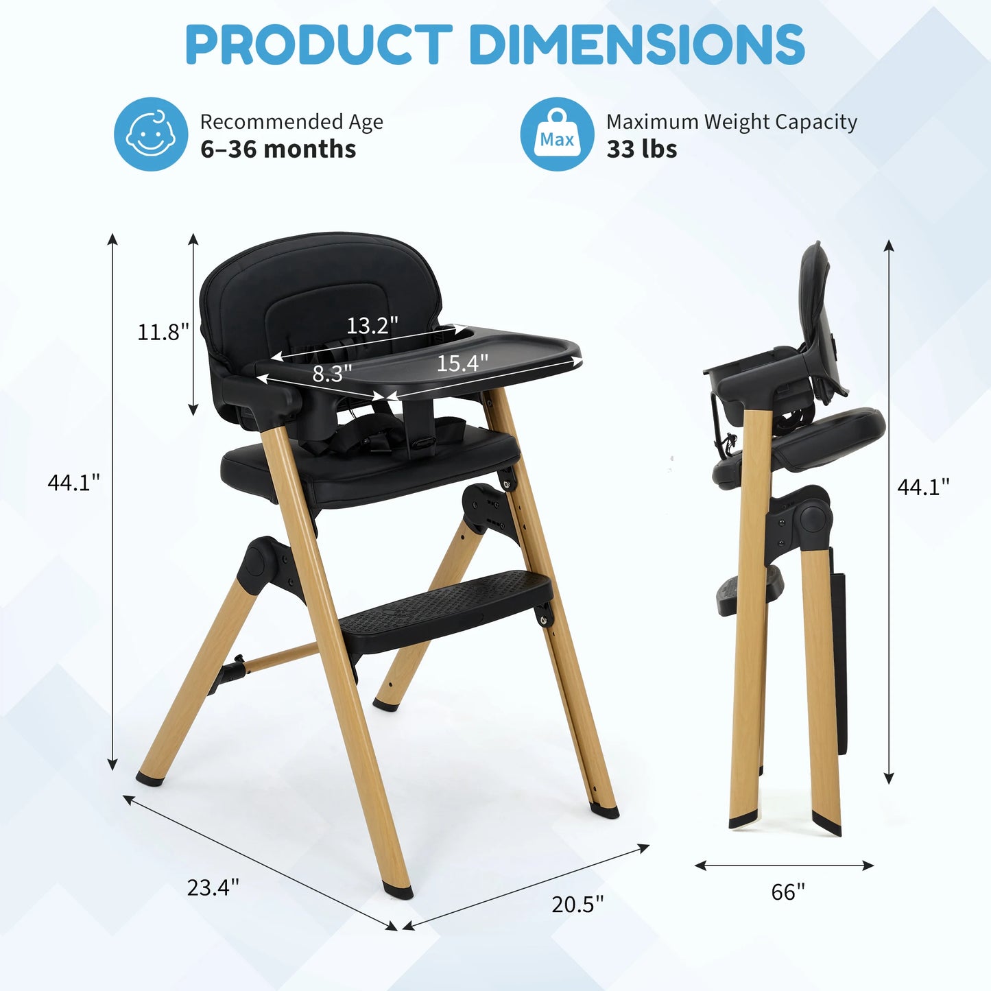 Baby High Chair for Babies Toddlers, Foldable Portable Highchair, Toddler Feeding Seat, Easy Clean Waterproof Cushion, Removable Tray, Adjustable Footrest, Black Wood Grain Legs