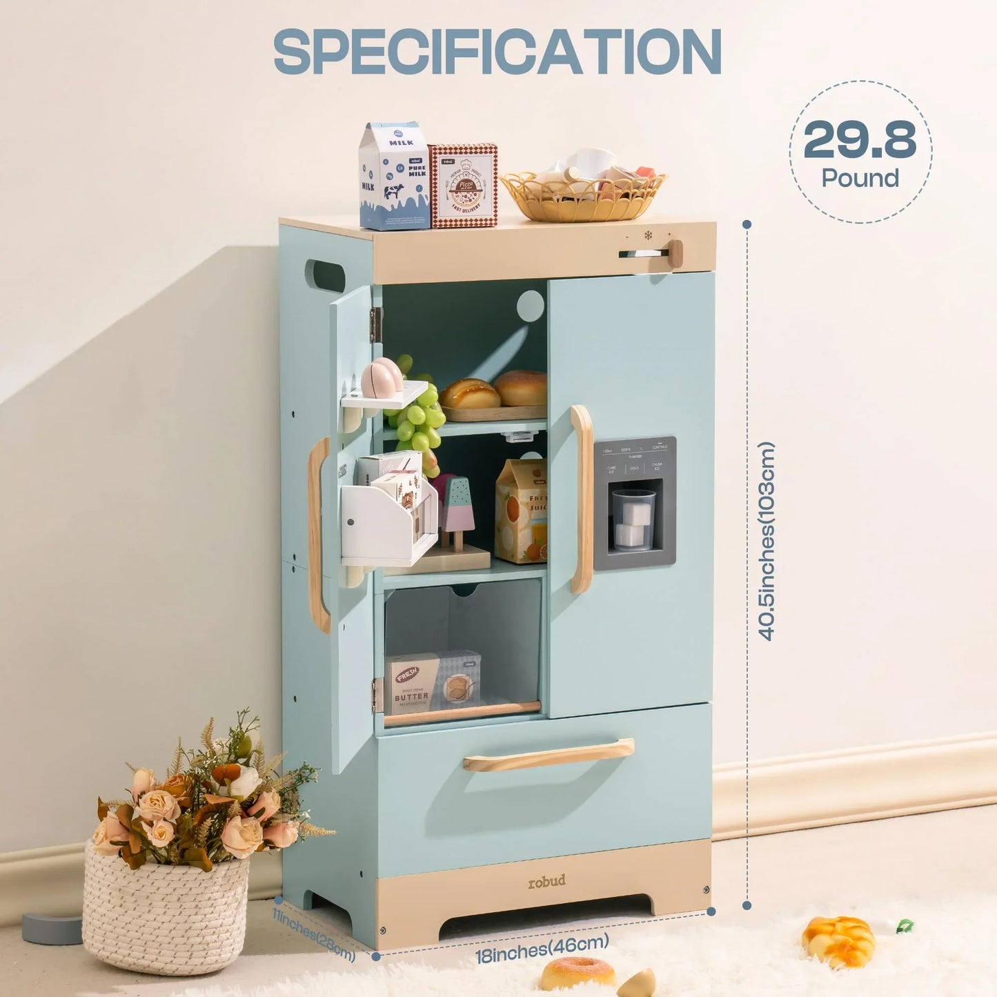 Robotime Robud Play Kitchen Fridge Refrigerator with Ice Dispenser Wooden Kids Play Kitchen Playset Toy for Ages 3+Blue