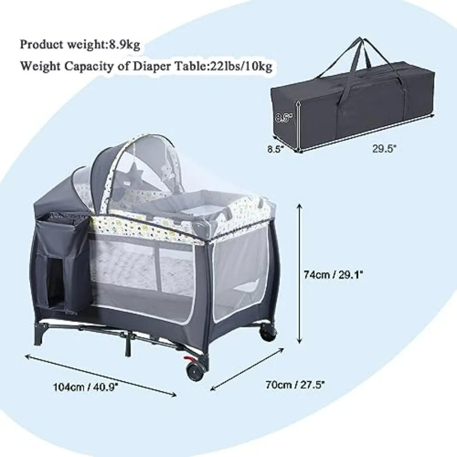 4 in 1 Portable Nursery Center Playard with Bassinet Changing Table Foldable Baby Crib Travel Playpen with Wheels Removable Can
