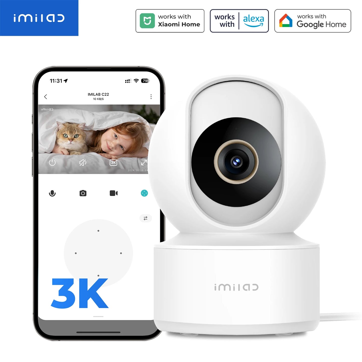 IMILAB C22 WiFi Baby Monitor Indoor Camera - AI Detection Night Vision 2-Way Audio 360° PTZ for Child Safety