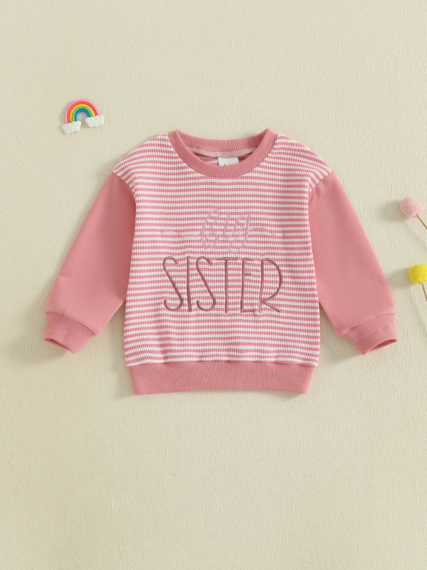Kids Autumn Sweater with Embroidered Letters Long Sleeves Round Neck and Striped Design for Boys and Girls