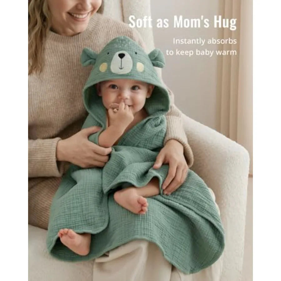 Blissful Diary Muslin Baby Hooded Towel, Soft and Absorbent Bath Towel for Newborn, Infant, Toddler, Unisex, 32″x32″