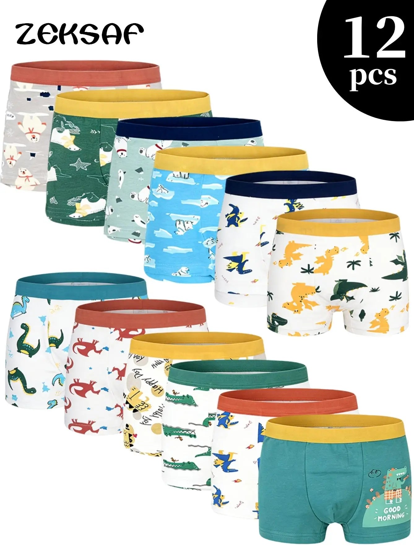Kids Boys Cotton Underwears 12 Pack, Soft Boxer Briefs With Non-Roll Waistband, Cute Dino Print Undies For School & Daily Play