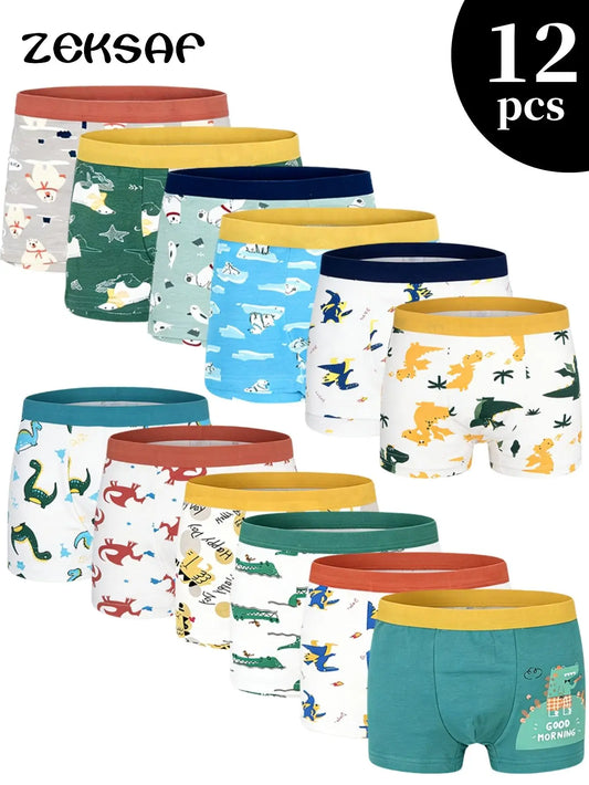 Kids Boys Cotton Underwears 12 Pack, Soft Boxer Briefs With Non-Roll Waistband, Cute Dino Print Undies For School & Daily Play