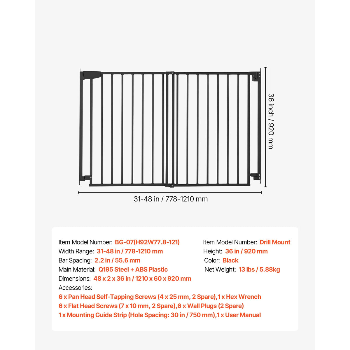 SucceBuy Baby Gate for Stairs Adjustable Width No Bottom Bar One-Handed Operation Easy Drilling Installation with Hardware Kit