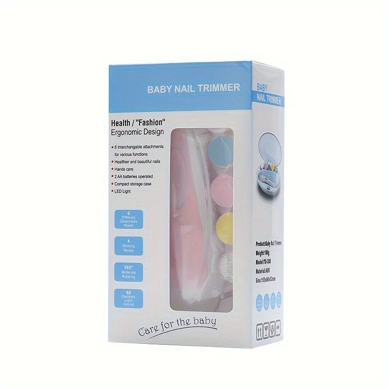 7-in-1 Baby Electrical Nail Trimmer with Portable Case, Safe Nail Clipper Set with 5 Extra Grinding Heads and LED Light, Newborn Nail Polishing Tool Set, Grooming Kit, Suitable for Adults Also-Put in 2-AA Batteries Before Use