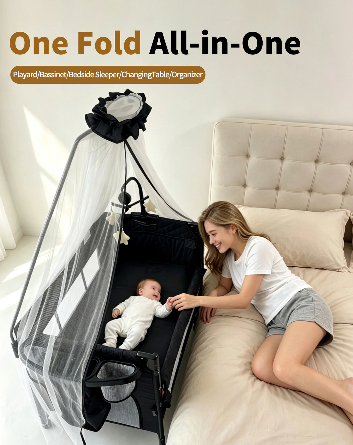 Steanny Pack N Play, All-in-one Playard with Bassinet, Pack and Play, Bedside Sleeper Foldable Travel Cribs with 4 Wheels, Changing Table, Mosquito Net, Toys Bars with Music, Unisex Playpen Combo Bassinet