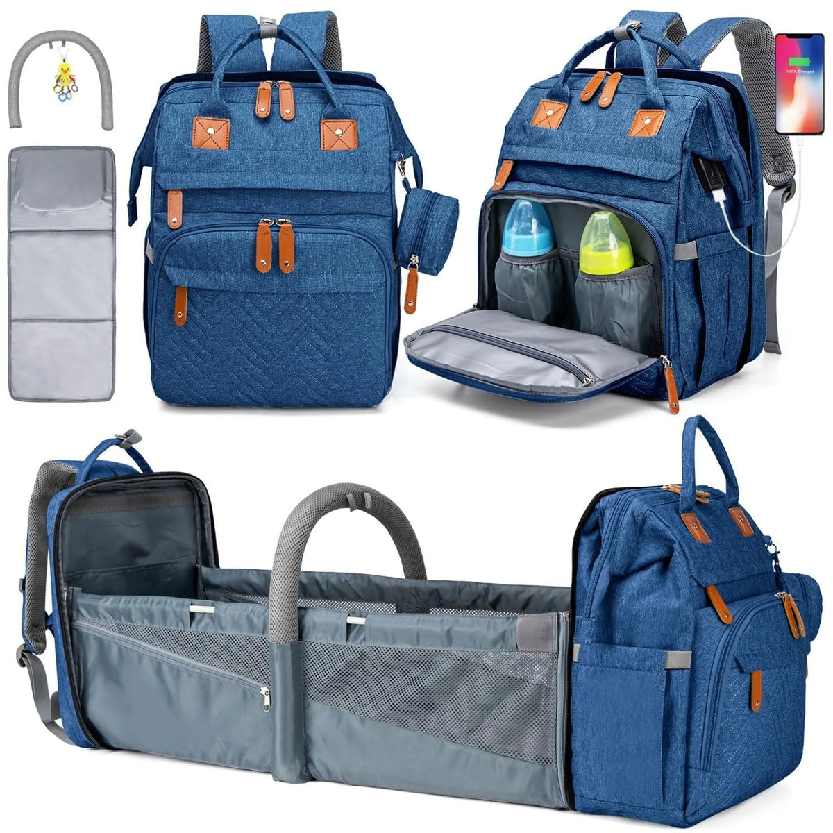 Diaper Bag Folding Bed, Multi-purpose Changing Bag with Carrier And Insulated Bottle Pocket, Diaper Backpack for Boys And Girls, Gift for Mom And Dad