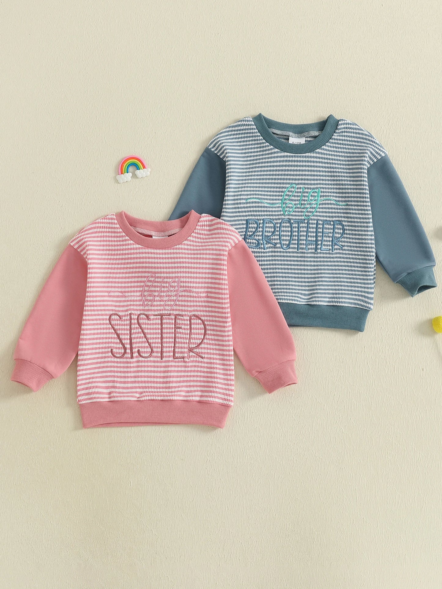 Kids Autumn Sweater with Embroidered Letters Long Sleeves Round Neck and Striped Design for Boys and Girls
