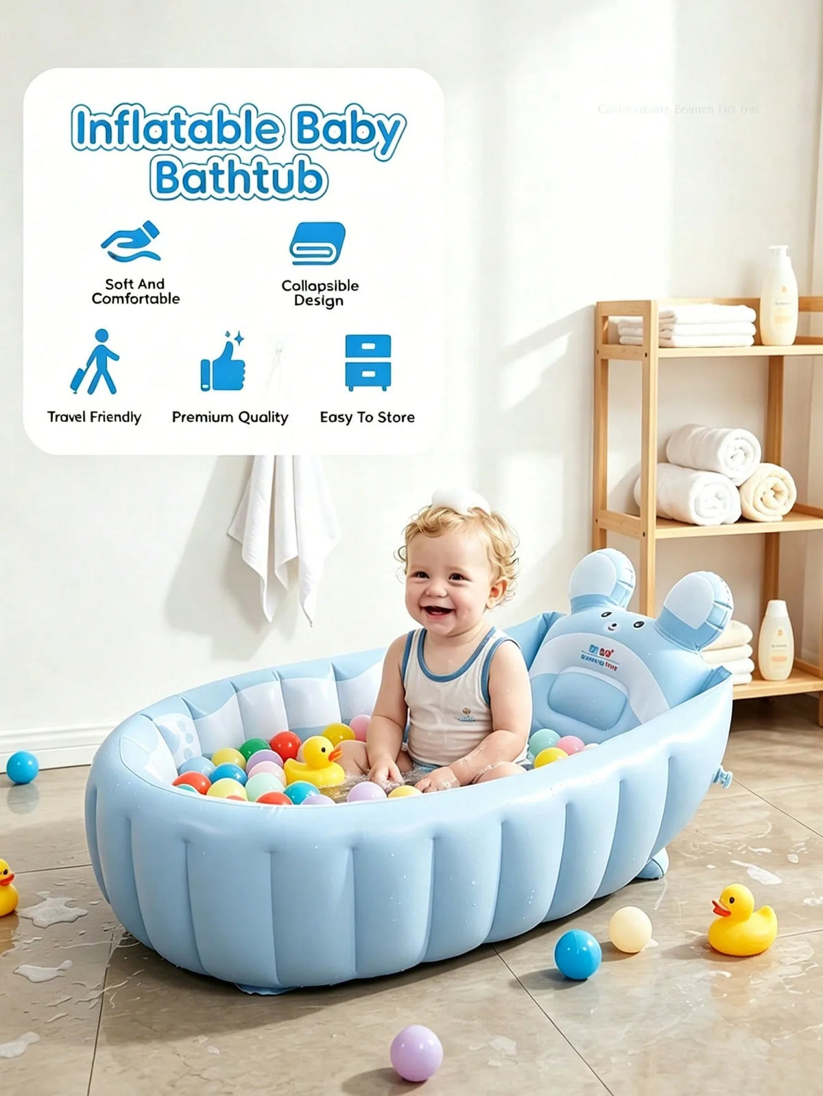 Foldable Inflatable Baby Bathtub, Non Slip Blow Up Baby Bath Basin & Toddler Play Pool, Portable Travel Essential For Kids Aged 6-48 Months