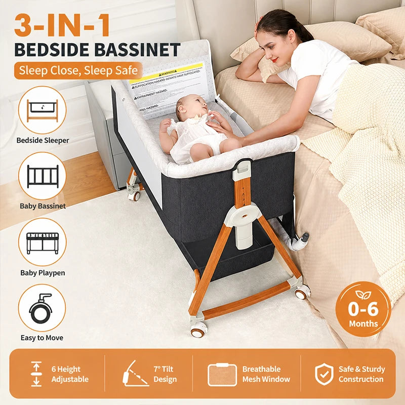 Baby Crib 3 in 1 Baby Bassinet Portable Bedside Bassinet for Baby Foldable Crib Travel Baby Crib Rocking 6 Adjustable Height