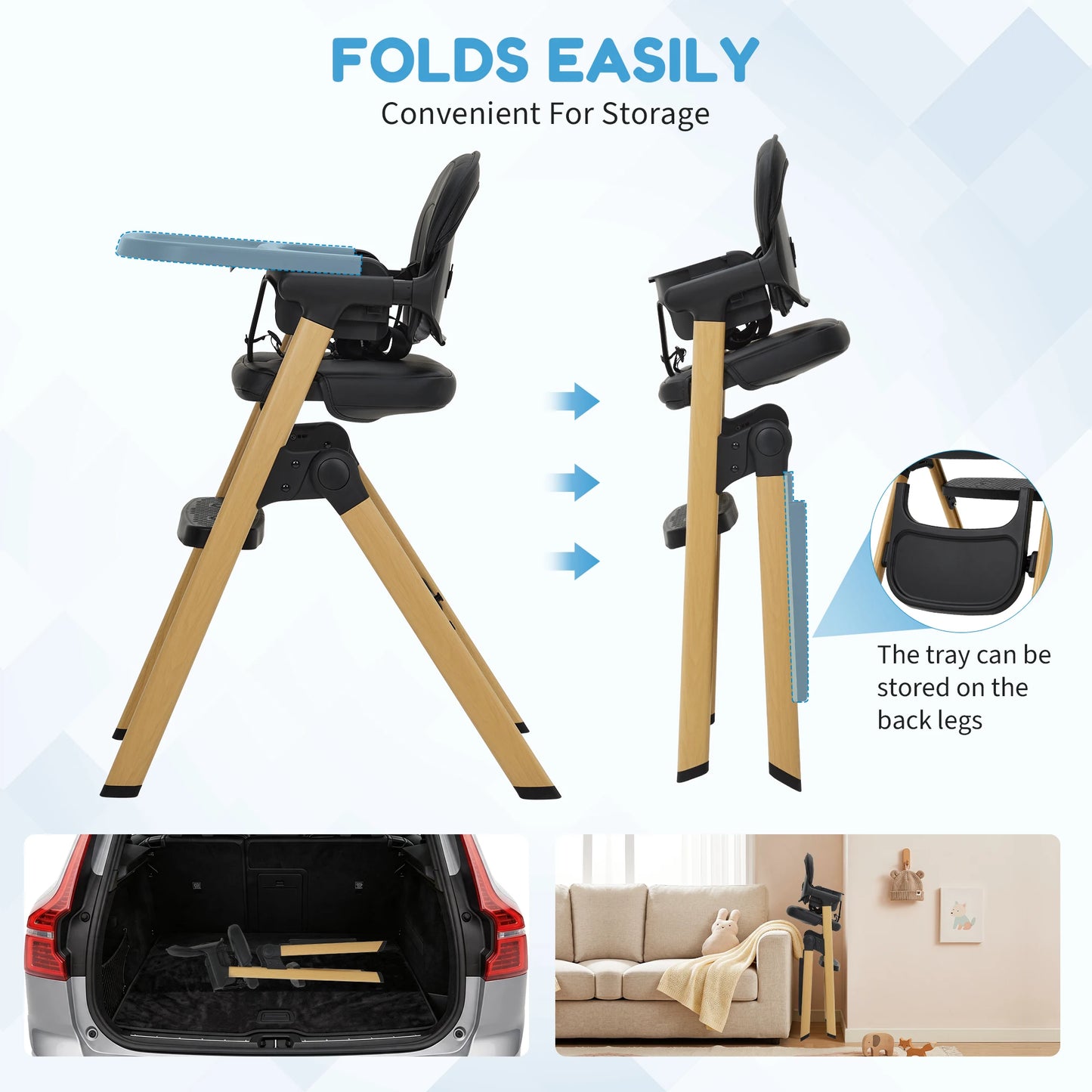 Baby High Chair for Babies Toddlers, Foldable Portable Highchair, Toddler Feeding Seat, Easy Clean Waterproof Cushion, Removable Tray, Adjustable Footrest, Black Wood Grain Legs