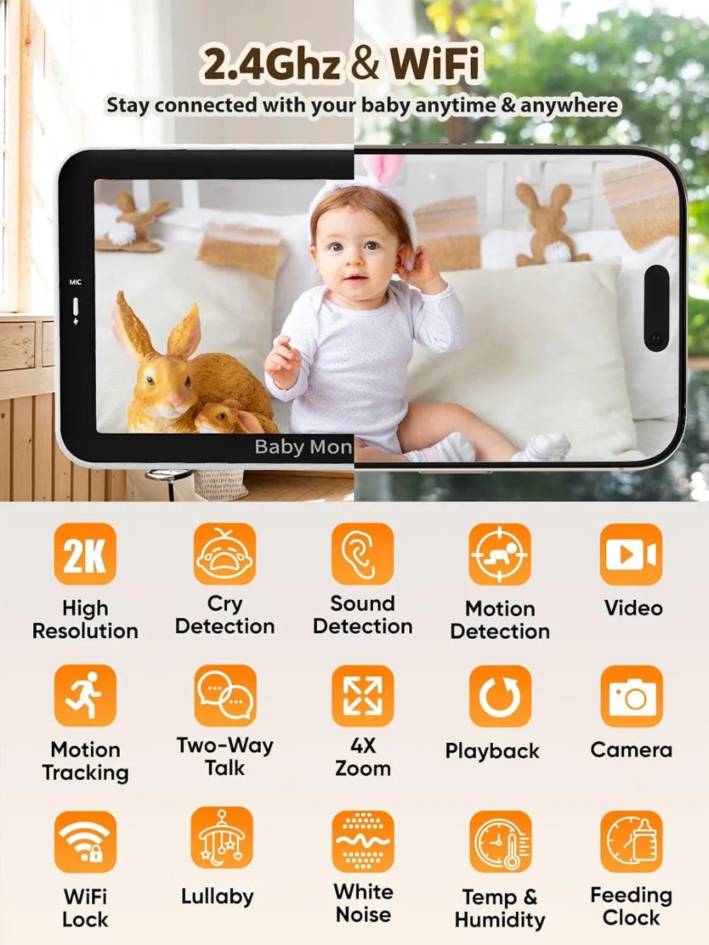 WiFi Baby Monitor with App – 5" HD Monitor & 2K Camera, Night Vision, 2-Way Talk, Motion Tracking, Temp Sensor, Lullabies