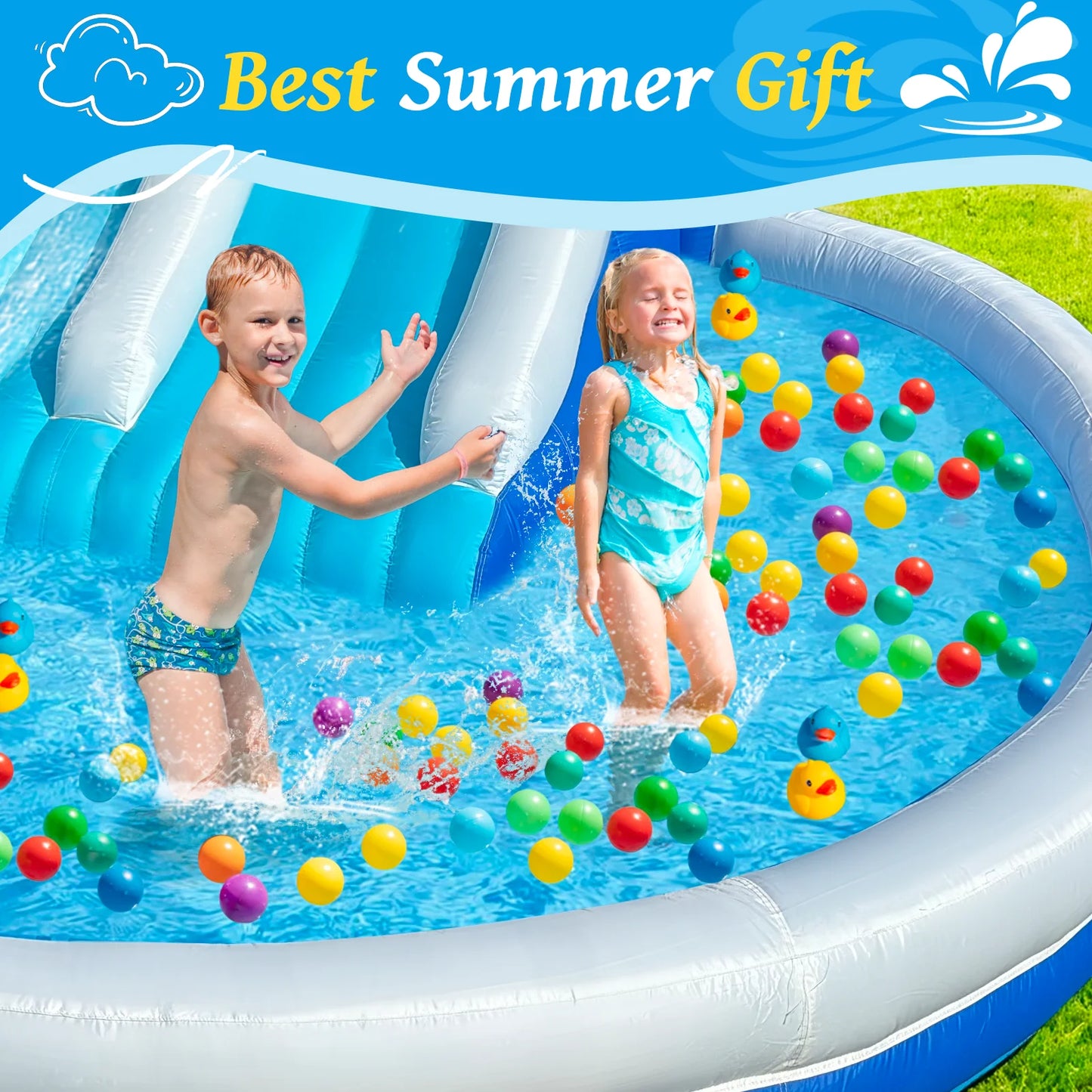 Blue & White Outdoor Inflatable Oxford Fabric Water Slide Pool for Kids, Dual Slides with Sprayers, Backyard Summer Fun Toy for Children