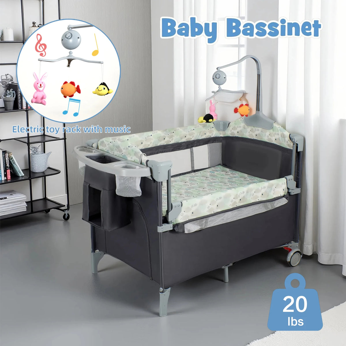 Steanny Pack N Play, Playard with Bassinet, Bedside Pack and Play, Baby Travel Bassinet, Fodle Playpen with Wheels