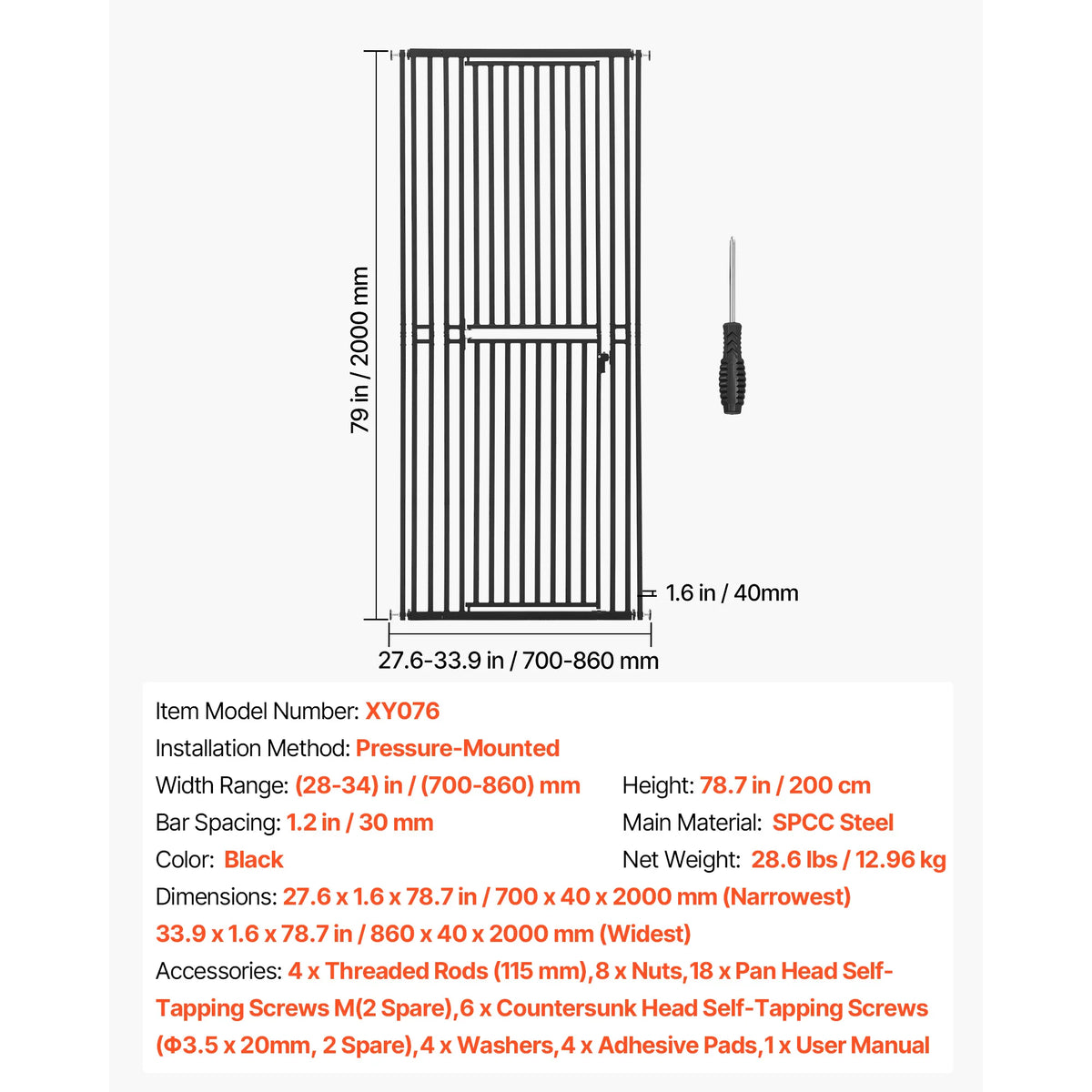 SucceBuy Baby Gate for Stairs Adjustable Width No Bottom Bar One-Handed Operation Easy Drilling Installation with Hardware Kit