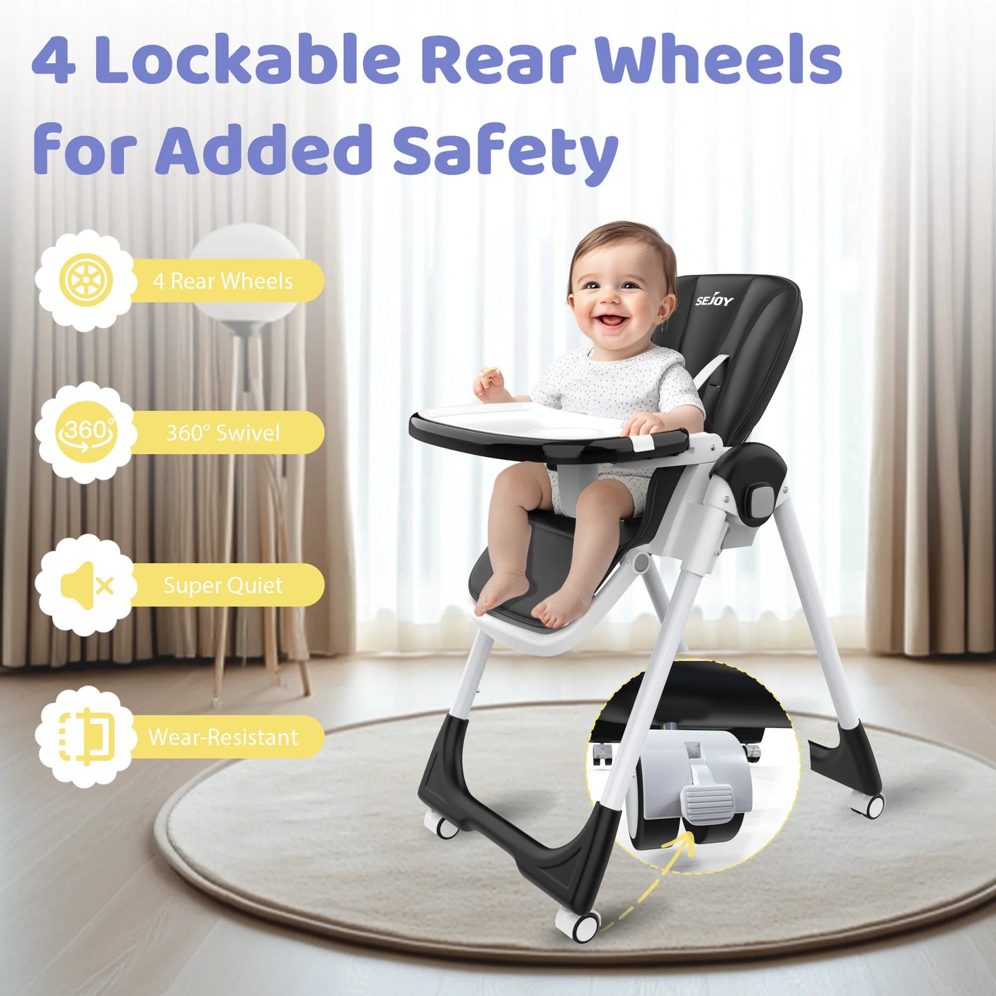 Sejoy Baby High Chair Adjustable with 5-Point Harness 3-Tier Tray & Wheels CE/CPC Certified Children's Dining Chair