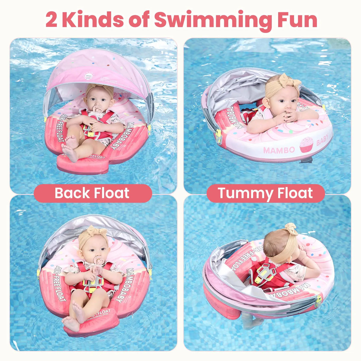 Mambobaby Baby Pool Float with Canopy & Tile Baby Swim Ring Infant Swimming Trainer Circle With Adjustable Strap for Boys Girls
