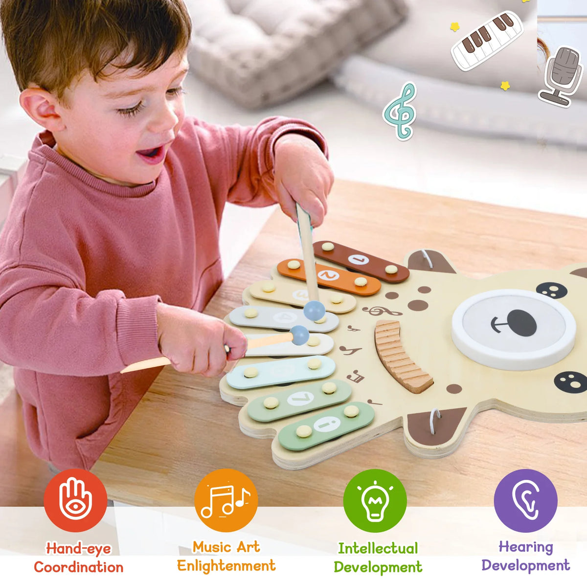 Multifunctional Wooden Toddler Musical Table Xylophone Drum Bell Maraca Set Kids Educational Percussion Instrument Toy for Baby Gift