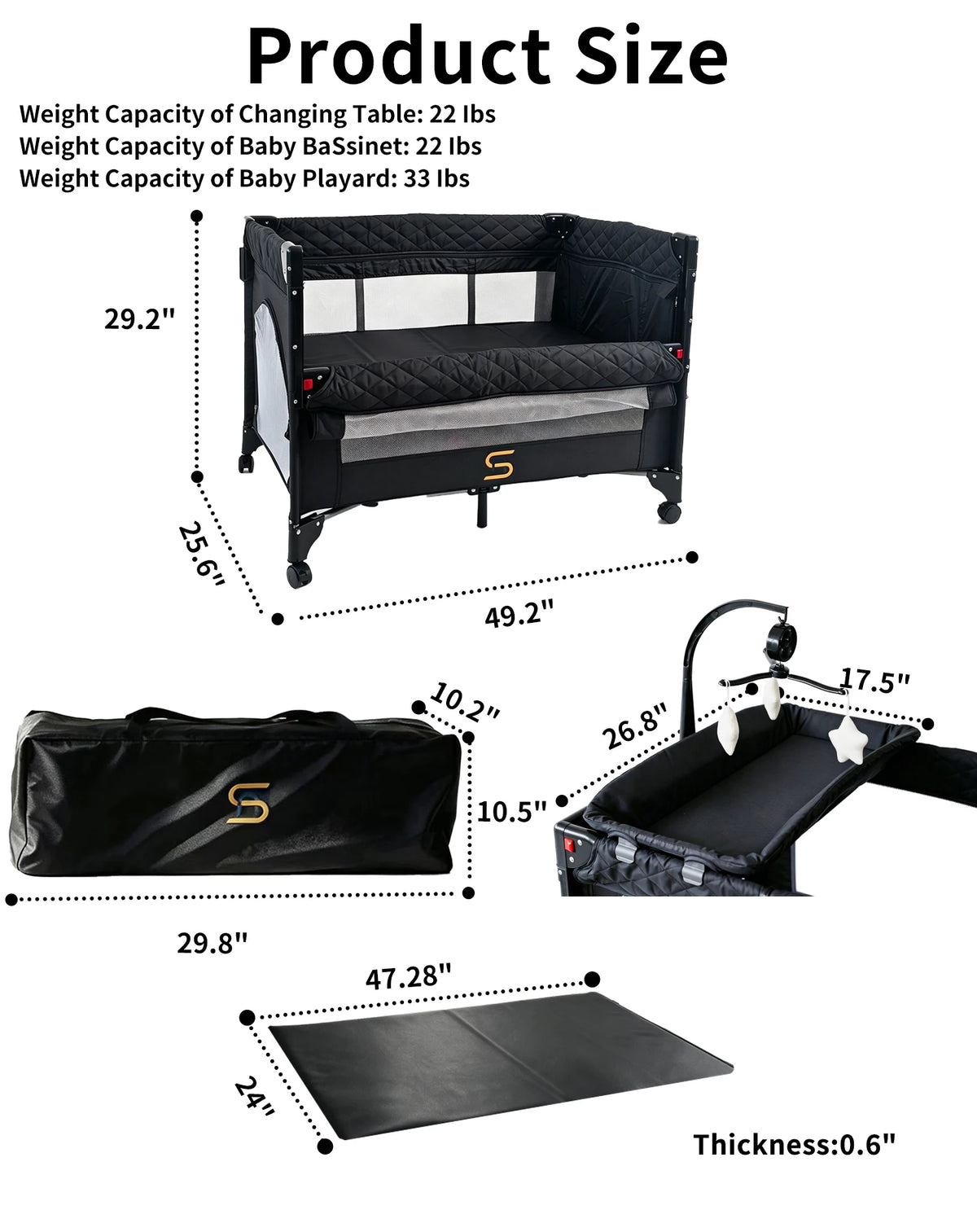 Steanny Pack N Play, All-in-one Playard with Bassinet, Pack and Play, Bedside Sleeper Foldable Travel Cribs with 4 Wheels, Changing Table, Mosquito Net, Toys Bars with Music, Unisex Playpen Combo Bassinet
