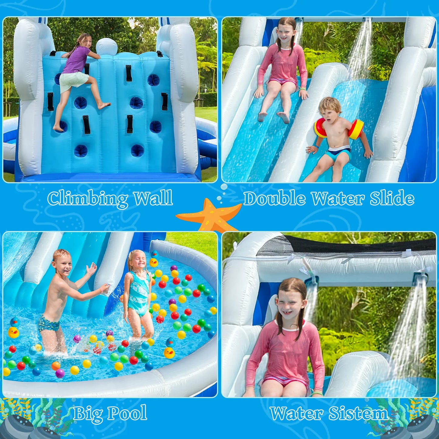 Blue & White Outdoor Inflatable Oxford Fabric Water Slide Pool for Kids, Dual Slides with Sprayers, Backyard Summer Fun Toy for Children