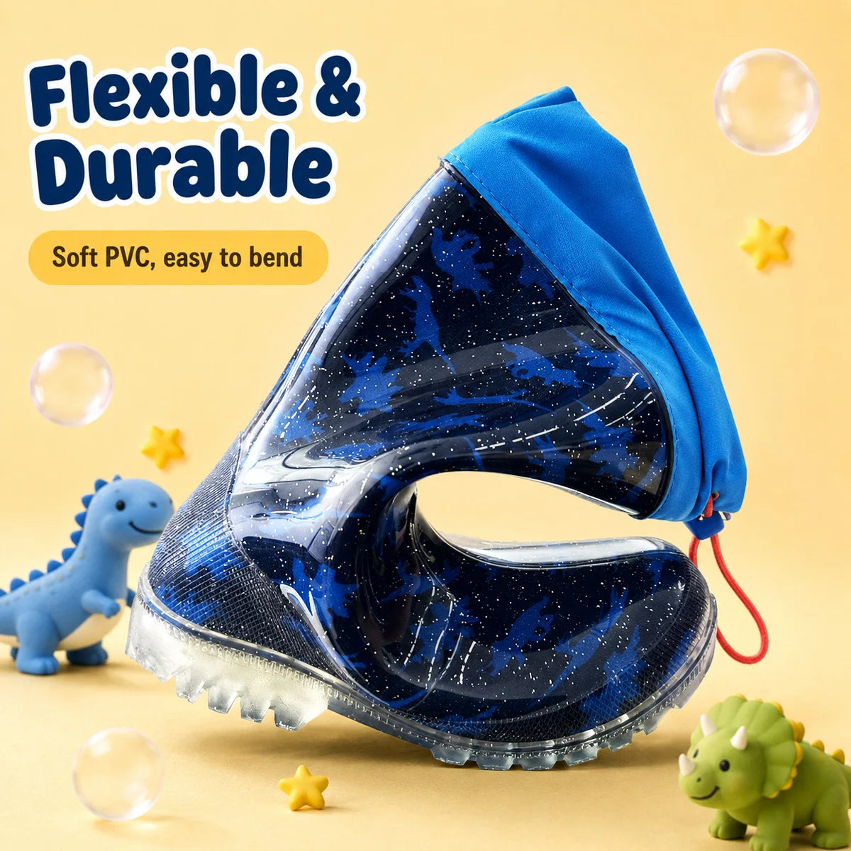Kids Dinosaur Glitter Rain Boots Drawstring Waterproof Anti-slip Comfort Flexible Boys Outdoor Rain Wellies