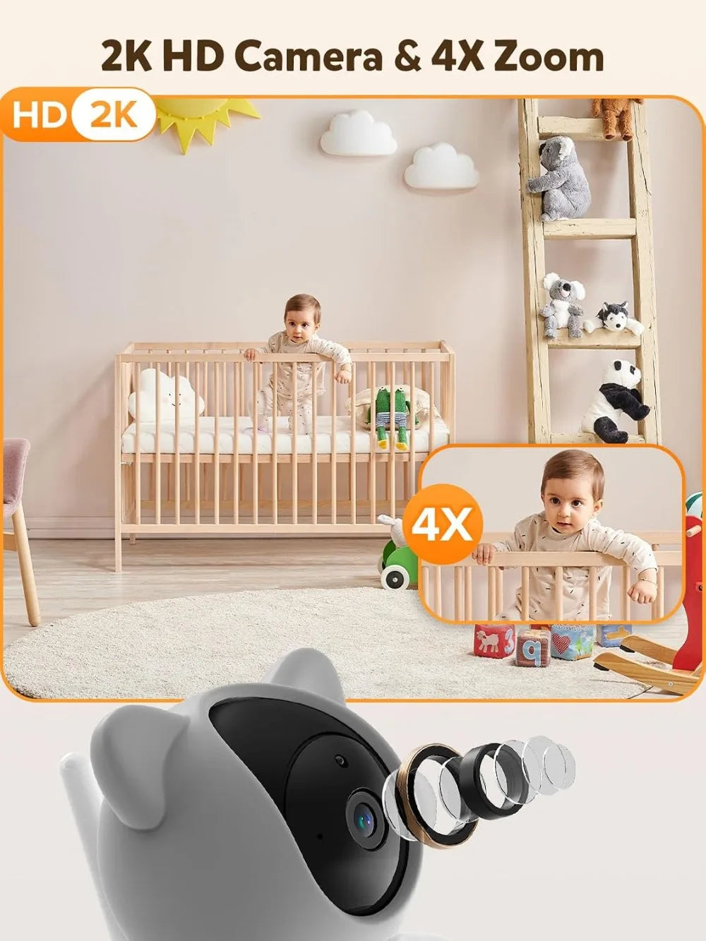 WiFi Baby Monitor with App – 5" HD Monitor & 2K Camera, Night Vision, 2-Way Talk, Motion Tracking, Temp Sensor, Lullabies
