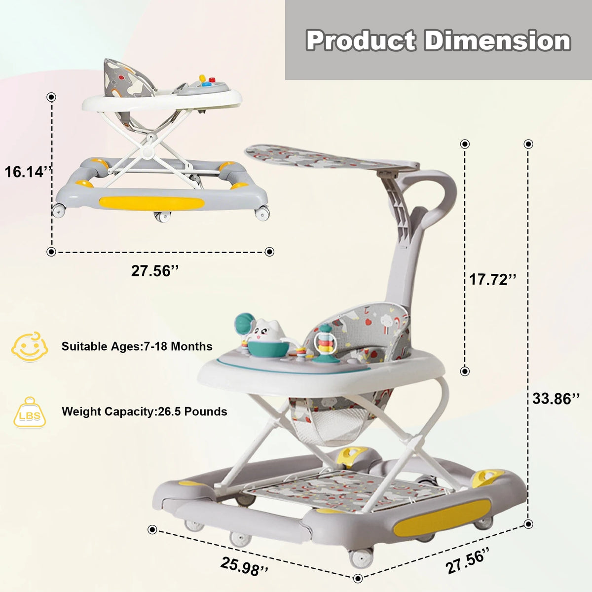 Baby Multi-Functional Comfortable Walker With Awning Anti-Rollover Baby Walker Adjust And Shake The Walker For Boy Girls