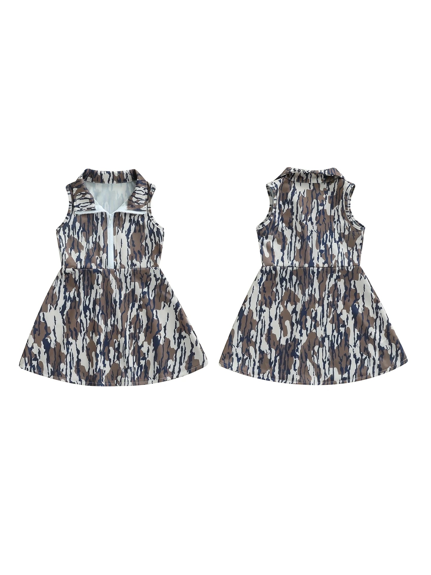 Toddler Boy Camo Print Sleeveless Collared Dress with Half Zip-up A-line Design Casual Summer Outfit for Kids