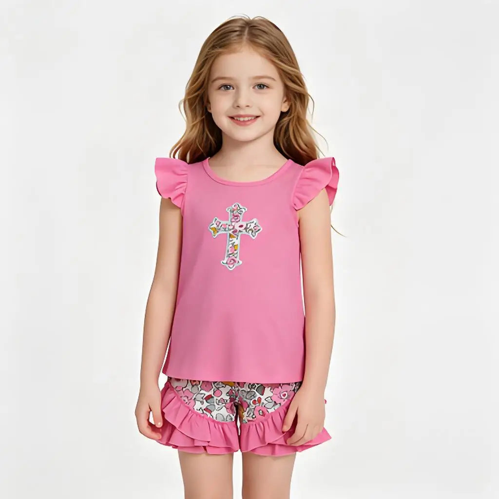 Toddler Girls 2 Piece Summer Outfit Flutter Sleeve Ruffle Tunic Top Solid Shorts Clothes Set