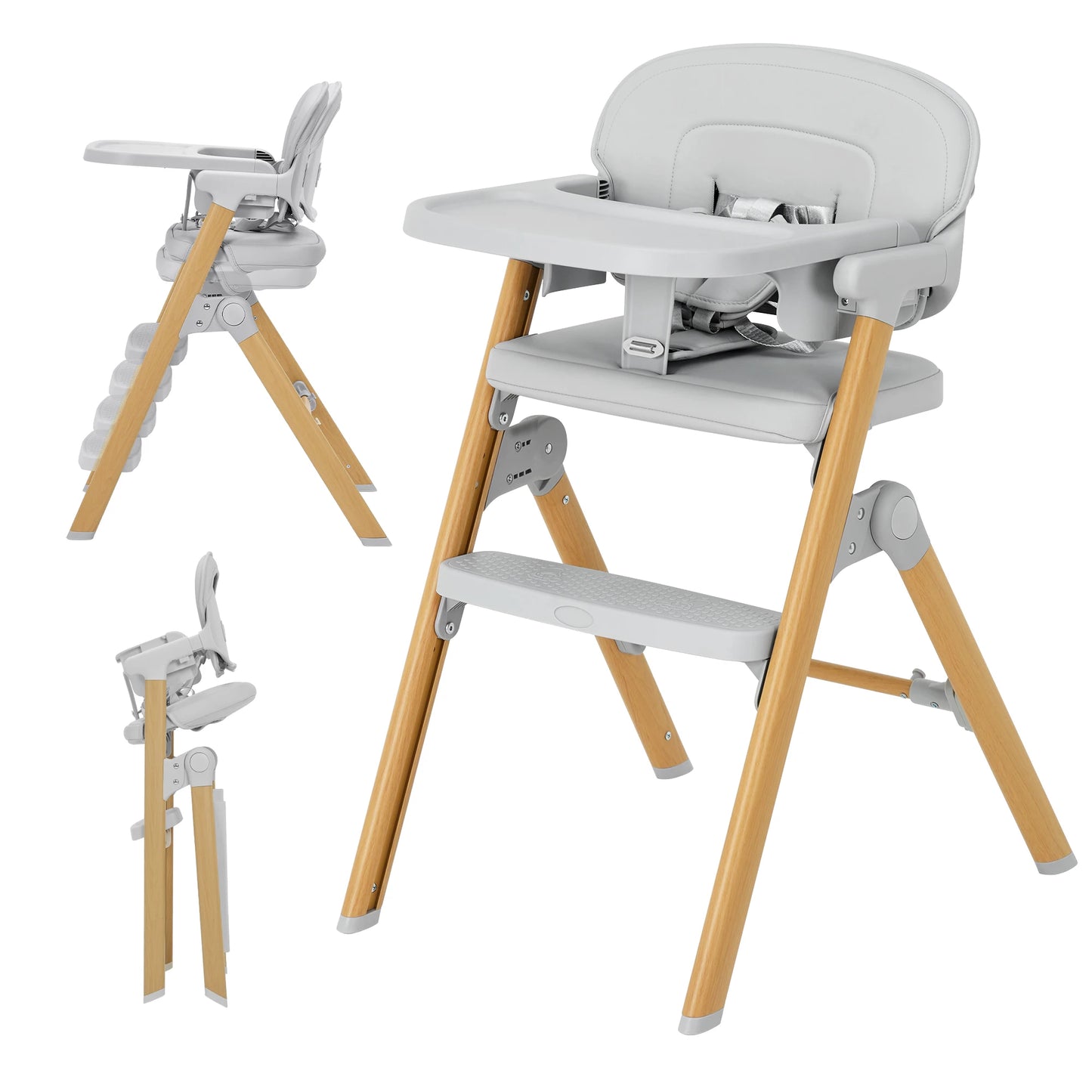 Baby High Chair for Babies Toddlers, Foldable Portable Highchair, Toddler Feeding Seat, Easy Clean Waterproof Cushion, Removable Tray, Adjustable Footrest, Black Wood Grain Legs